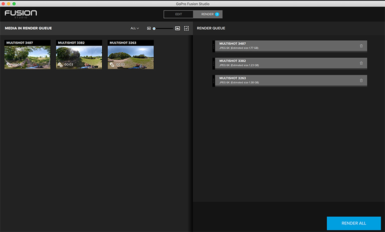 GoPro Fusion Studio render queue